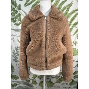 H&M Tan Teddy Fleece Collared Zip Up Bomber Jacket Women's